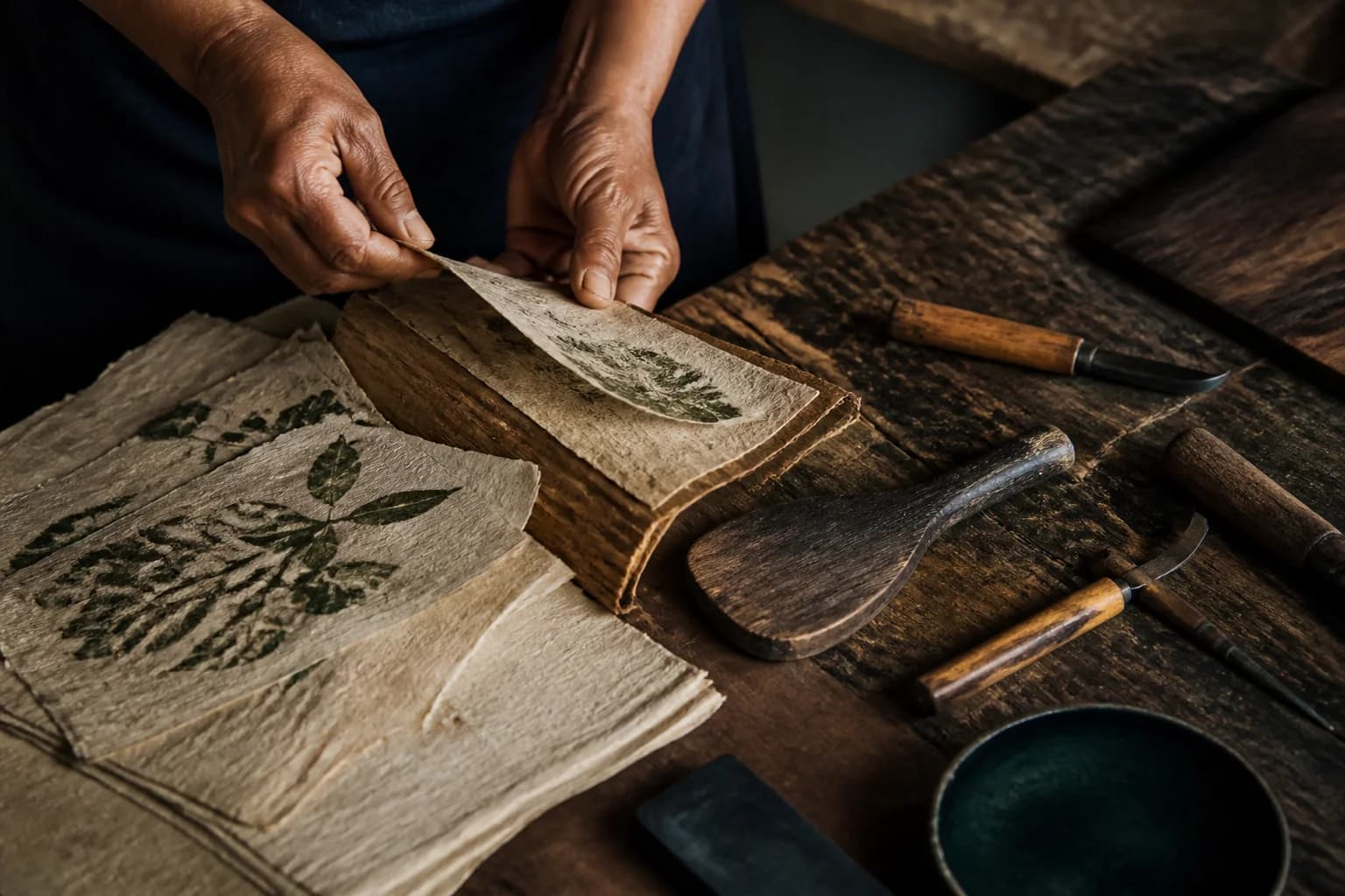 Manos trabajando papel amate sobre una mesa de madera