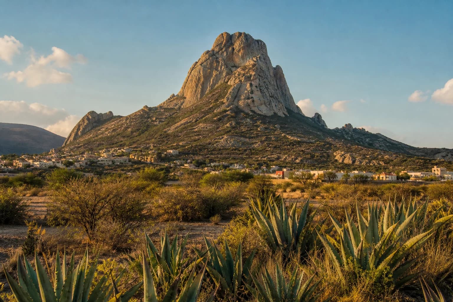 Peña de Bernal entre magueyes y paisaje semidesértico